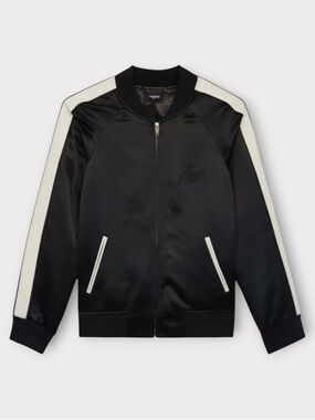 THE KOOPLES French Lux Varsity Satin Jacket in Black with Ivory Leather Stripes